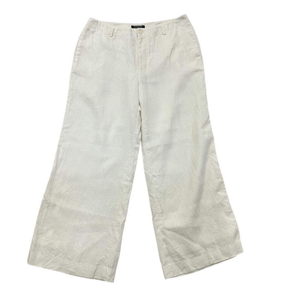 Lauren Ralph Lauren Womens White Wide Leg Coastal Linen Pants Size 12